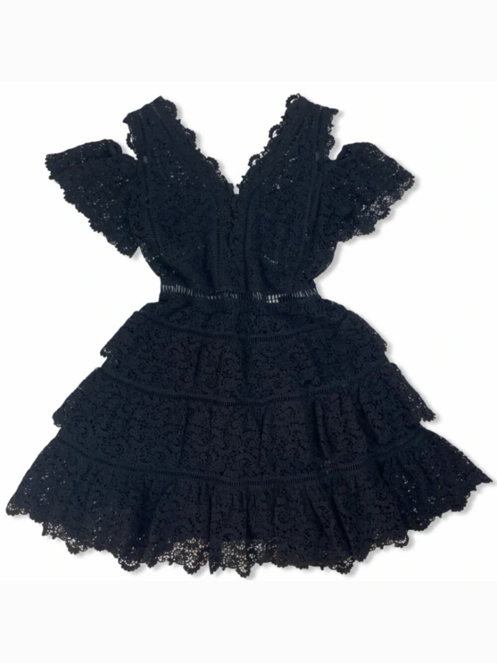 Rebecca Taylor Black Lace Cold Shoulder Dress Size 12 Silk Cotton Tiered